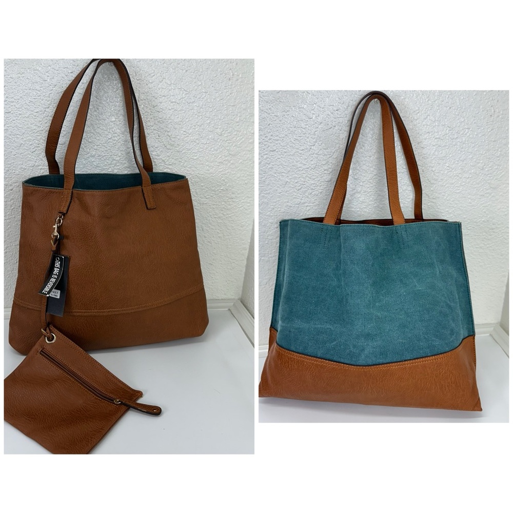 STREET LEVEL Reversible Cognac Brown & Turquoise Vegan Leather Tote & Wristlet
